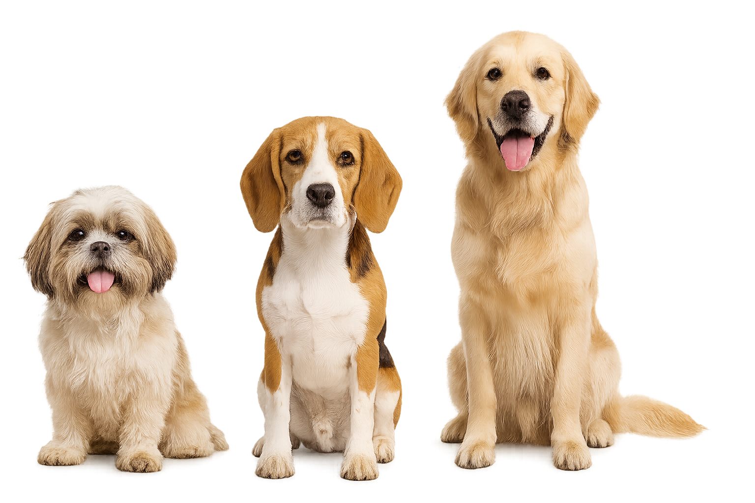 Three happy dogs of different breeds - small mixed breed, Beagle, and Golden Retriever - showcasing our grooming services for all dog sizes at 4 Paws Dog Grooming Lightwater